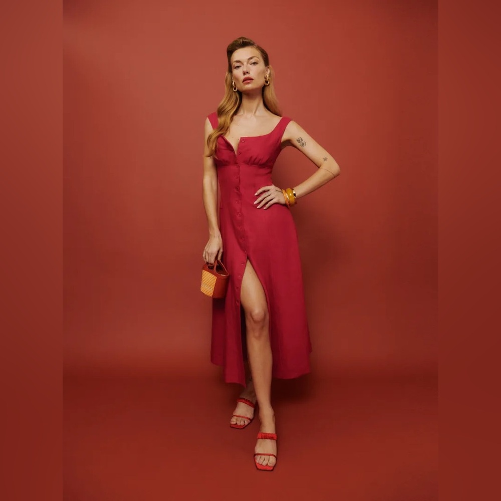 Reformation Louisa Linen Dress in Cherry Red Size 0